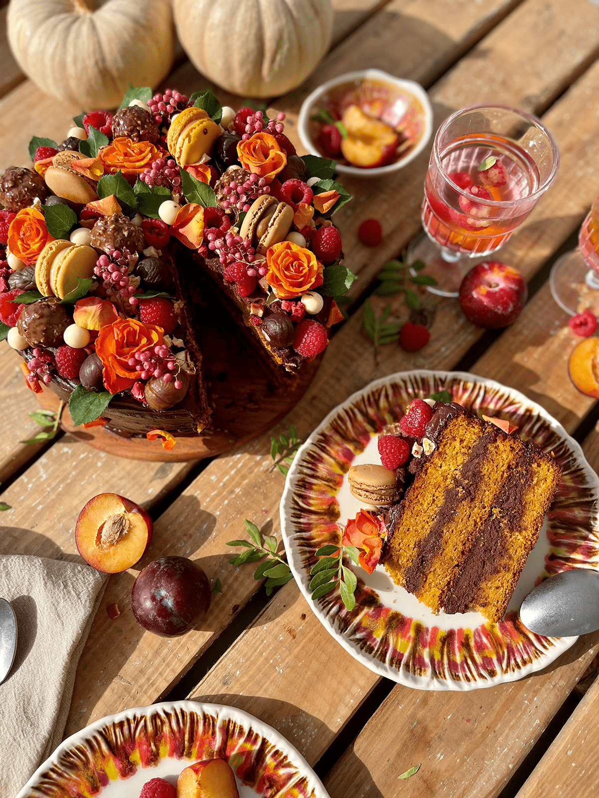 Pastel de calabaza con toffee y ganache de chocolate especiado